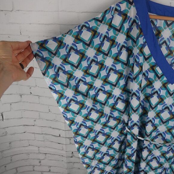 NEXT BEACHWEAR WHITE BLUE GREEN GOLD BLACK GEOMETRIC DESIGN KAFTAN COVER UP - Picture 5 of 13